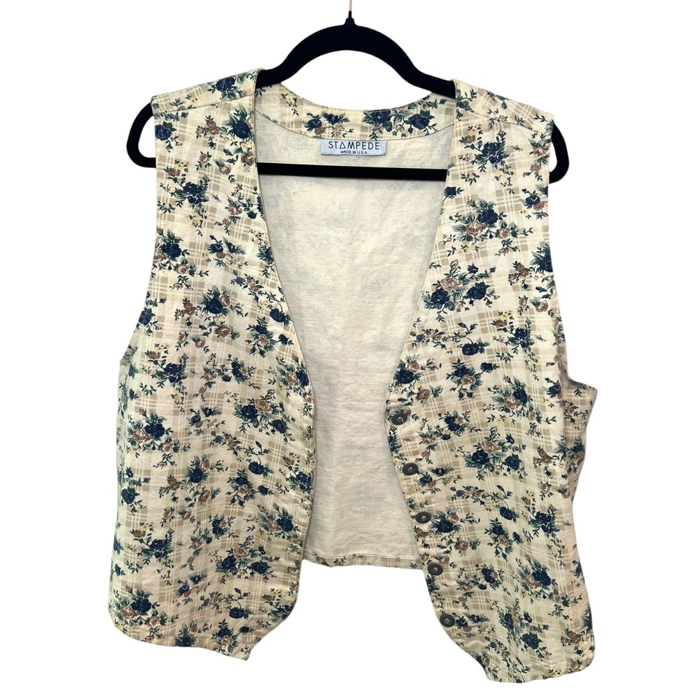 Stampede Vest Vintage Floral Boho Cottagecore Button Front Made in USA Cream XL